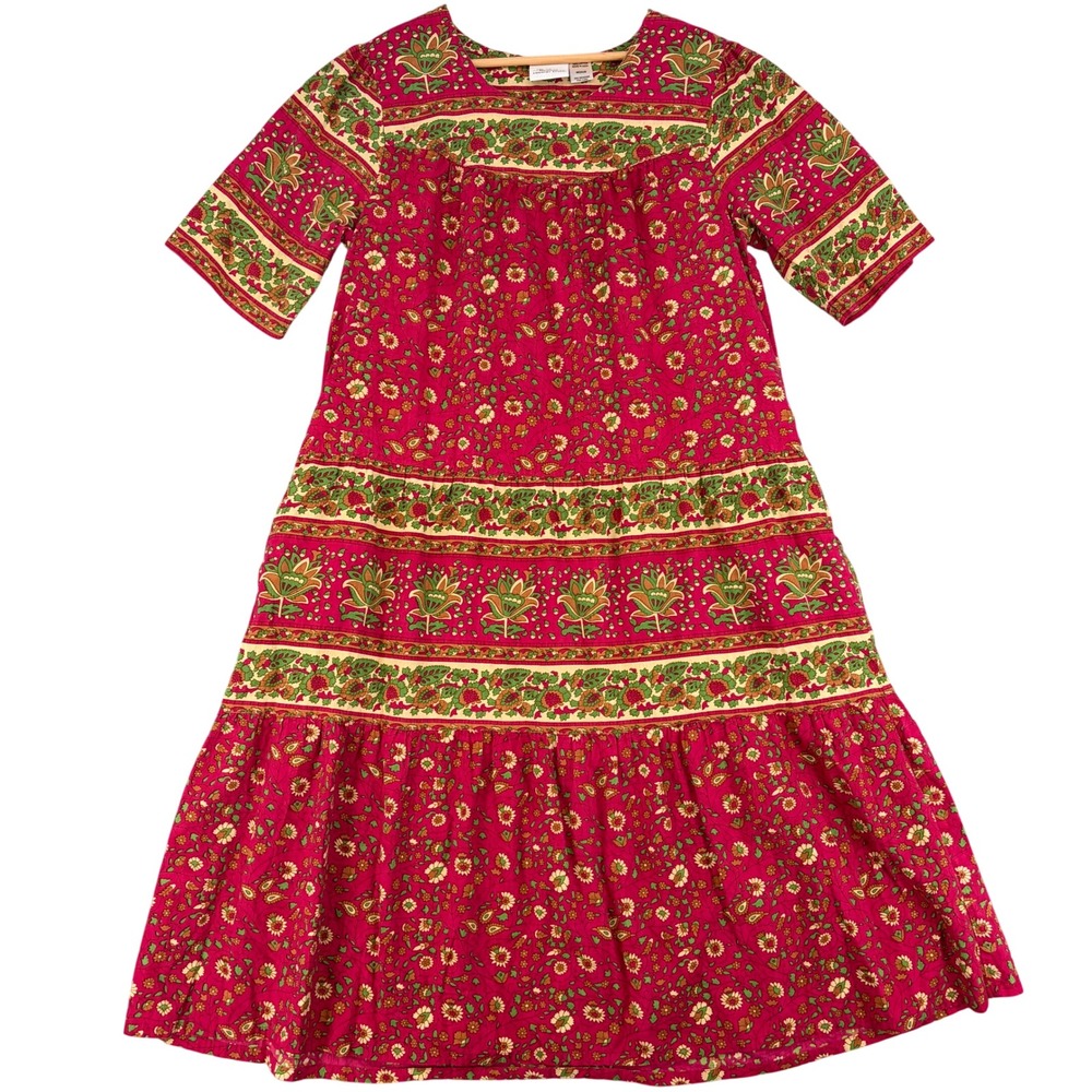 Vermont Country Store Womens Pink Floral Cotton Tiered Midi Dress Medium Boho